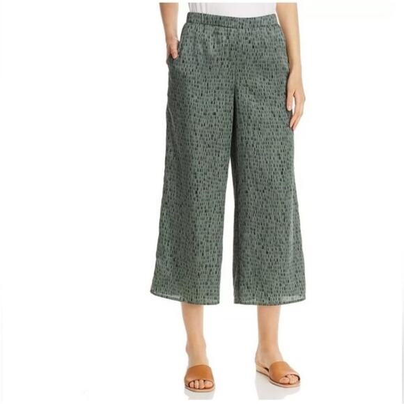 Eileen Fisher Green Nori Silk Dash Print Cropped Wide Leg Pant XL S9KWA-P3236P - Picture 1 of 16